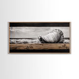 Seashell and Waves, Nautical Art, Coastal Beach Decor, Black and White Seascape, Ocean Home Art, Framed Canvas Print, Elegant Art