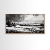 Winter Landscape, Black White, Scenic Country Road, Framed Canvas Print, Serene Nature Art, Rustic Wall Decor, Bedroom Artwork