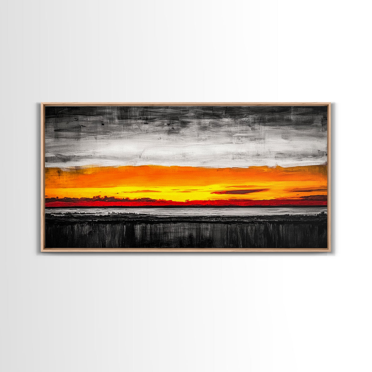 Fiery Sunset, Dramatic Sky, Abstract Landscape, Bold Colors, Modern Expressionism, Vibrant Wall Decor, Warm Tones, Framed Canvas Print