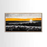 Sunrise Over Fields, Golden Light, Black and White Contrast, Tranquil Scene, Minimalist Wall Art, Warm Tones, Framed Canvas Print