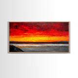 Red Sunset, Ocean Shore, Dramatic Sky, Bold Expressionist Art, Vibrant Landscape, Beach House Decor, Living Room, Canvas Print