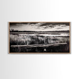 Marshland, Serene, Nature, Black and White, Framed Canvas Print, Landscape Painting, Rustic Wall Art, Cabin Decor, Neutral Tone Art