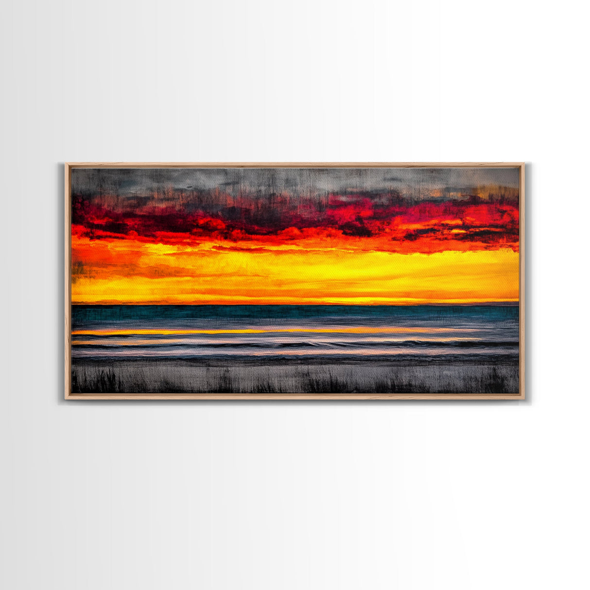 Sunset Beach, Ocean Art, Coastal Landscape, Modern Canvas Print, Boho Wall Art, Vibrant Seascape, Living Room Decor, Bold Art