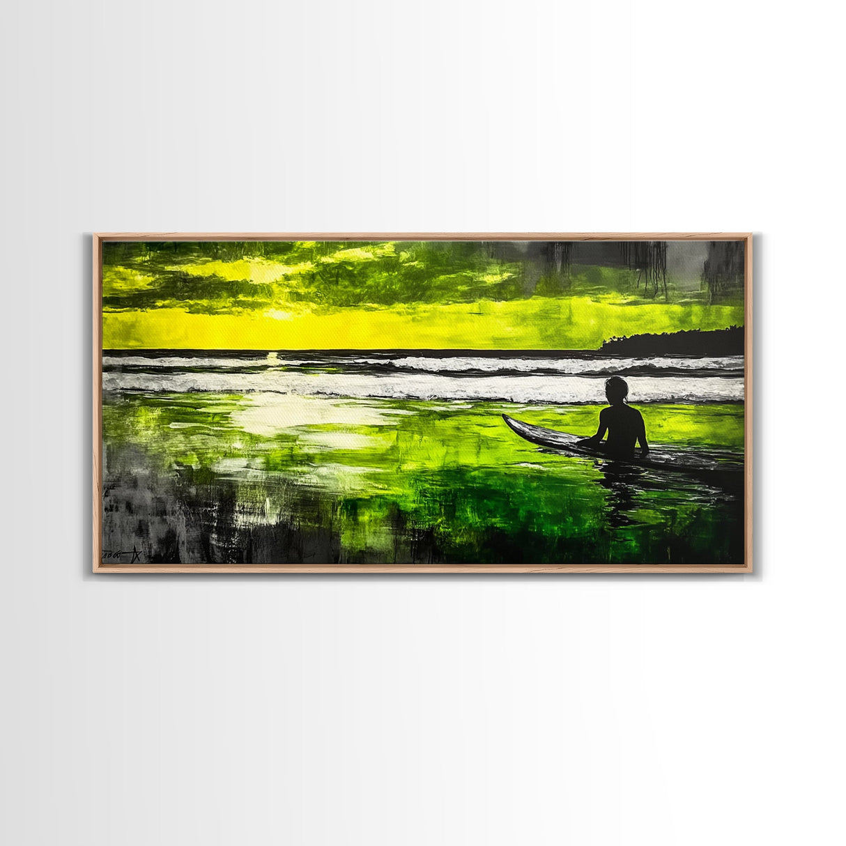 Surfer Waiting, Ocean Art, Tropical Canvas Print, Vibrant Green, Modern Wall Art, Surfing Decor, Beach House Vibes, Coastal Painting