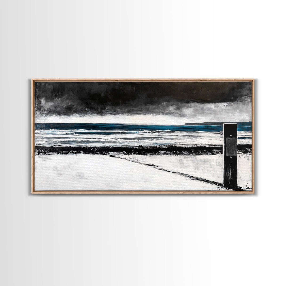 Stormy Beach Scene, Moody Ocean Painting, Coastal Wall Art, Dark Seascape Print, Framed Canvas Print, Dramatic Home Decor