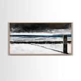 Stormy Beach Scene, Moody Ocean Painting, Coastal Wall Art, Dark Seascape Print, Framed Canvas Print, Dramatic Home Decor