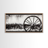Wagon Wheel, Mountain Landscape, Black and White Western Art, Rustic Home Decor, Framed Canvas Print, Farmhouse Living Room Art