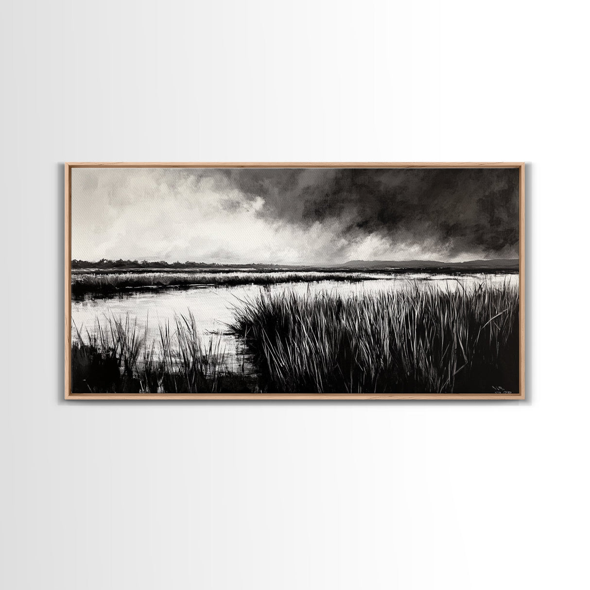 Marshland Landscape, Moody Black and White Art, Nature Wall Decor, Large Framed Canvas Print, Serene Wetlands Painting