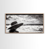 Woman at Beach, Black and White Wall Art, Minimalist Canvas Print, Modern Coastal Decor, Ocean View Art, Living Room Wall Art