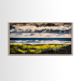 Rain Over Ocean, Blue Seascape, Beach House Decor, Coastal Art, Atmospheric Painting, Nature Inspired, Office Wall Art, Framed Canvas Print