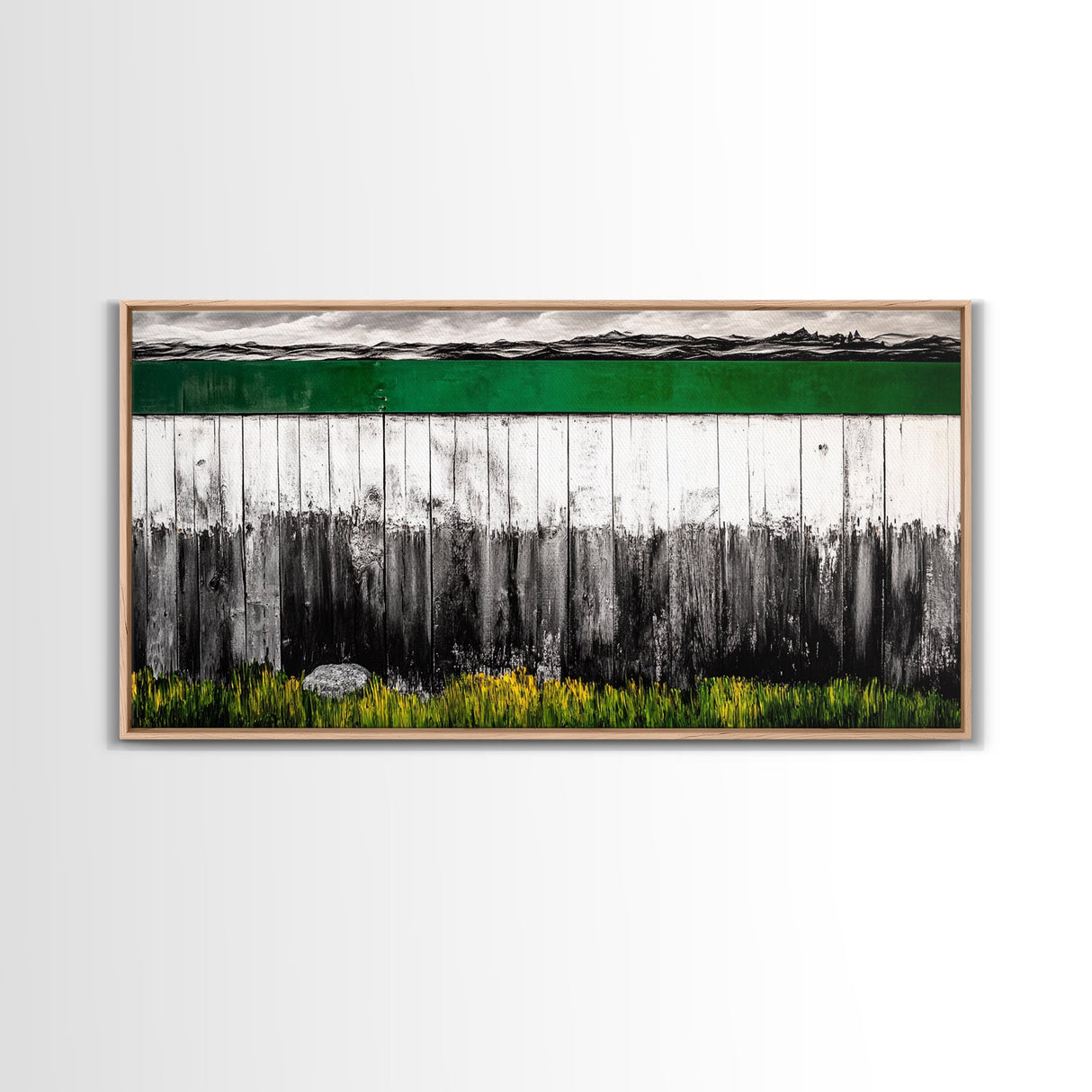 Rustic Fence, Green Landscape, Modern Country Art, Black and White with Color, Nature Inspired, Farmhouse Decor, Serene View, Canvas Print