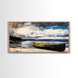 Green Canoe, Tranquil Art, Lake Landscape, Serene Cabin Wall Art, Adventure Home Decor, Living Room Art, Framed Canvas Print
