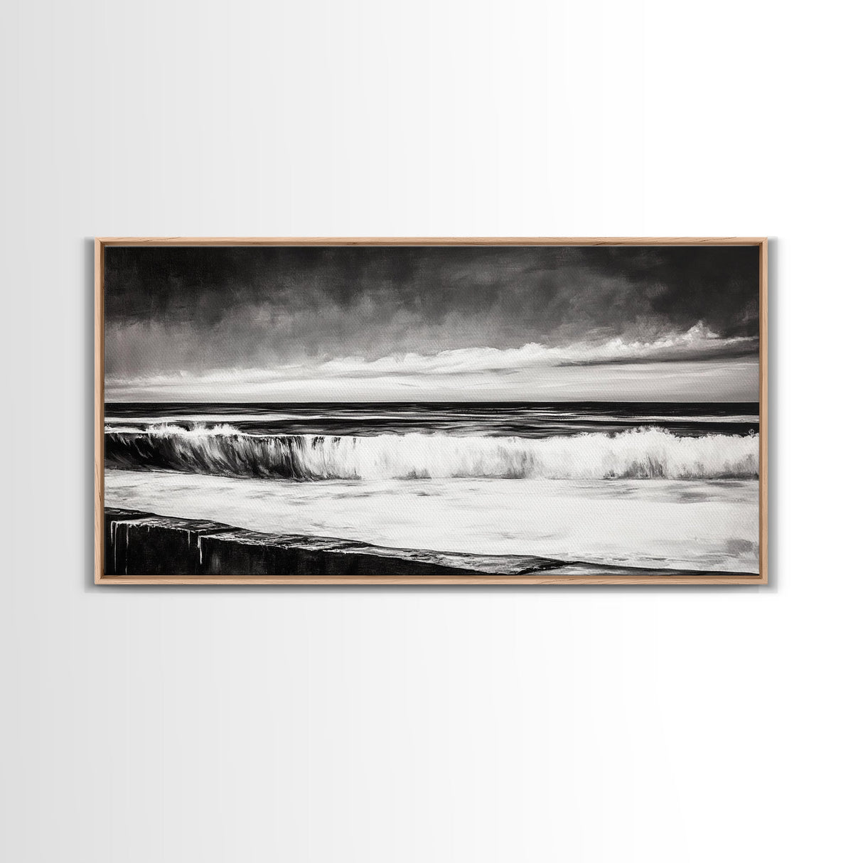 Monochrome Ocean, Rolling Waves, Black and White Beach Art, Framed Canvas Print, Minimalist Seascape, Coastal Wall Decor, Bedroom Art
