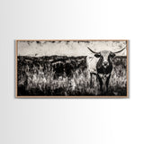 Texas Longhorn, Rustic Farmhouse, Black and White Western Art, Framed Canvas Print, Country Home Decor, Rustic Living Room Wall Art