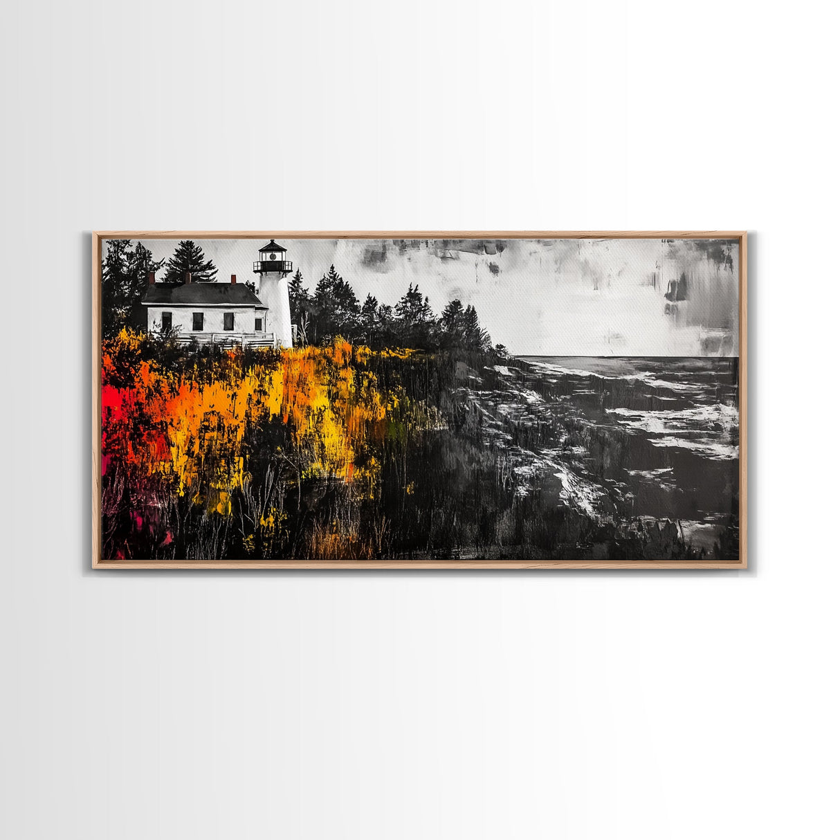 Lighthouse Cliff, Ocean Waves, Autumn Colors, Framed Canvas Print, Rustic Home Decor, Beach House Art, Nautical Wall Art, Fall Aesthetic