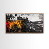 Lighthouse Cliff, Ocean Waves, Autumn Colors, Framed Canvas Print, Rustic Home Decor, Beach House Art, Nautical Wall Art, Fall Aesthetic