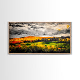 Fall Mountain View, Golden Forest Landscape, Moody Sky Painting, Rustic Country Art, Autumn Scene, Vibrant Wall Decor, Framed Canvas Print