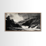 Waterfall Painting, Dramatic Nature, Mountain River, Framed Canvas Print, Monochrome Art, Nature Decor, Lodge Wall Art, Rustic Home