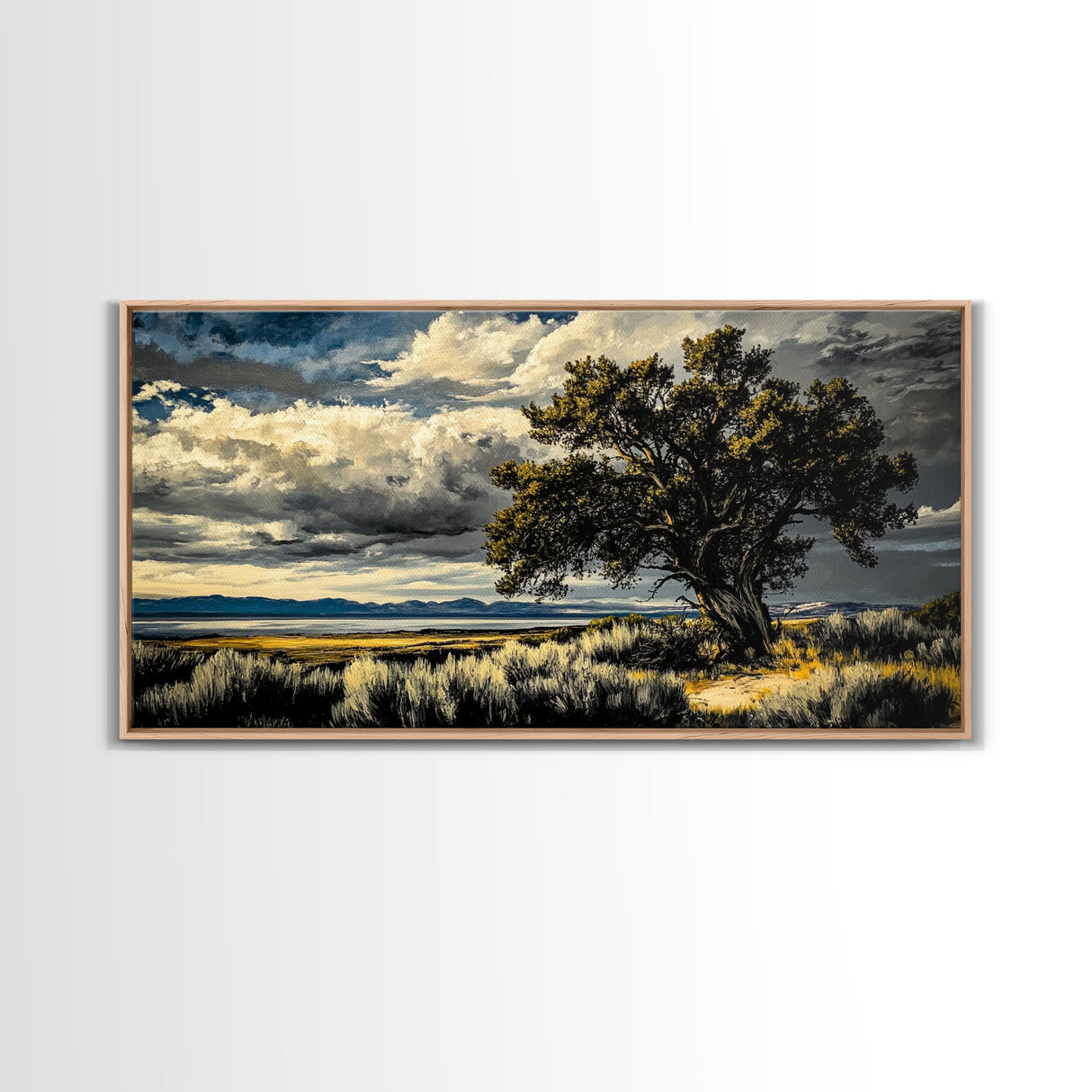Solitary Tree, Dramatic Sky, Western Landscape, Rustic Nature, Southwest Art, Framed Canvas Print, Living Room Decor, Bold Earthy Painting