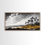 Tropical Beach, Palm Trees, Black and White, Coastal Art, Modern Minimalist, Framed Canvas Print, Beach House Decor, Nature Wall Art