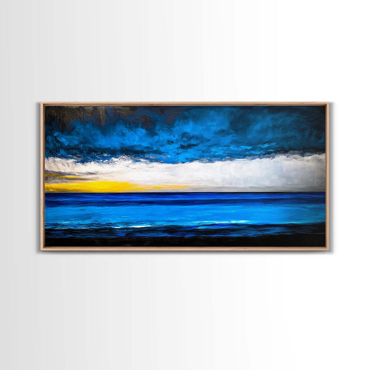 Ocean Waves, Deep Blue, Stormy Sky, Coastal Painting, Modern Seascape, Framed Canvas Print, Beach House Decor, Minimalist Wall Art