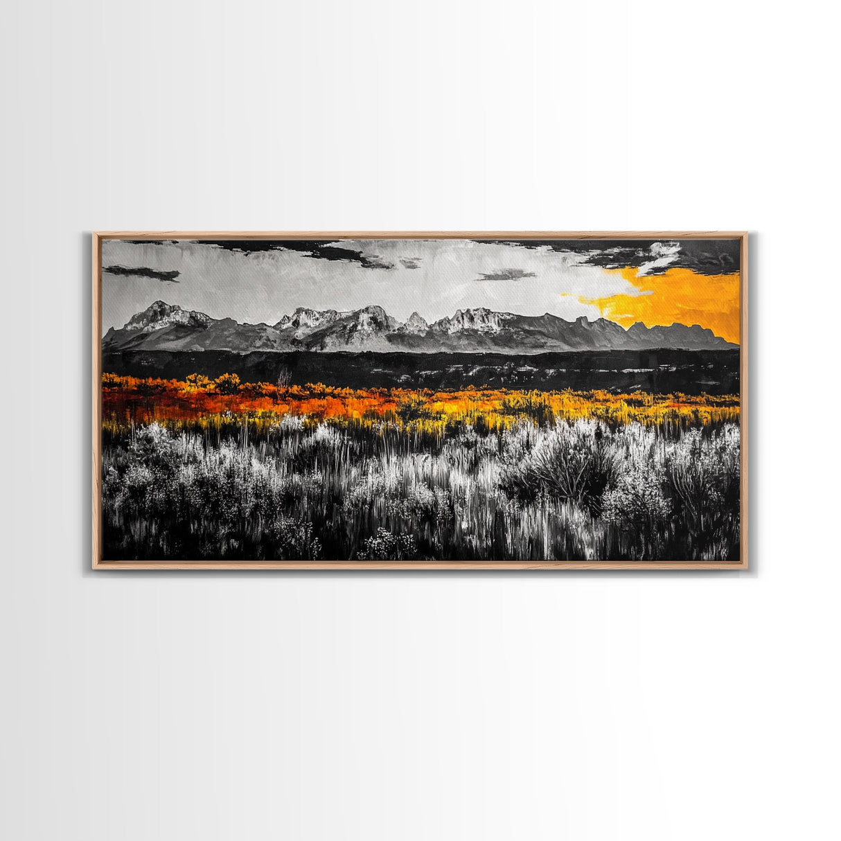 Mountain Range, Autumn Colors, Rustic Landscape, Moody Sky, Warm Tones, Framed Canvas Print, Cabin Wall Decor, Living Room Art