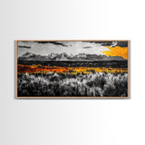 Mountain Range, Autumn Colors, Rustic Landscape, Moody Sky, Warm Tones, Framed Canvas Print, Cabin Wall Decor, Living Room Art