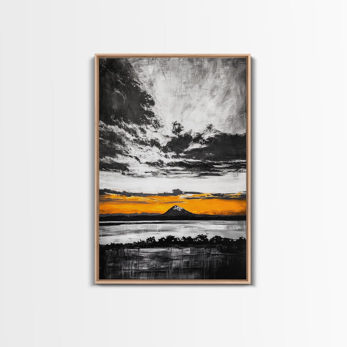 Volcanic Sunset, Black and White, Dramatic Sky, Framed Canvas Print, Moody Wall Art, Modern Landscape, Office Decor, Nature Aesthetic