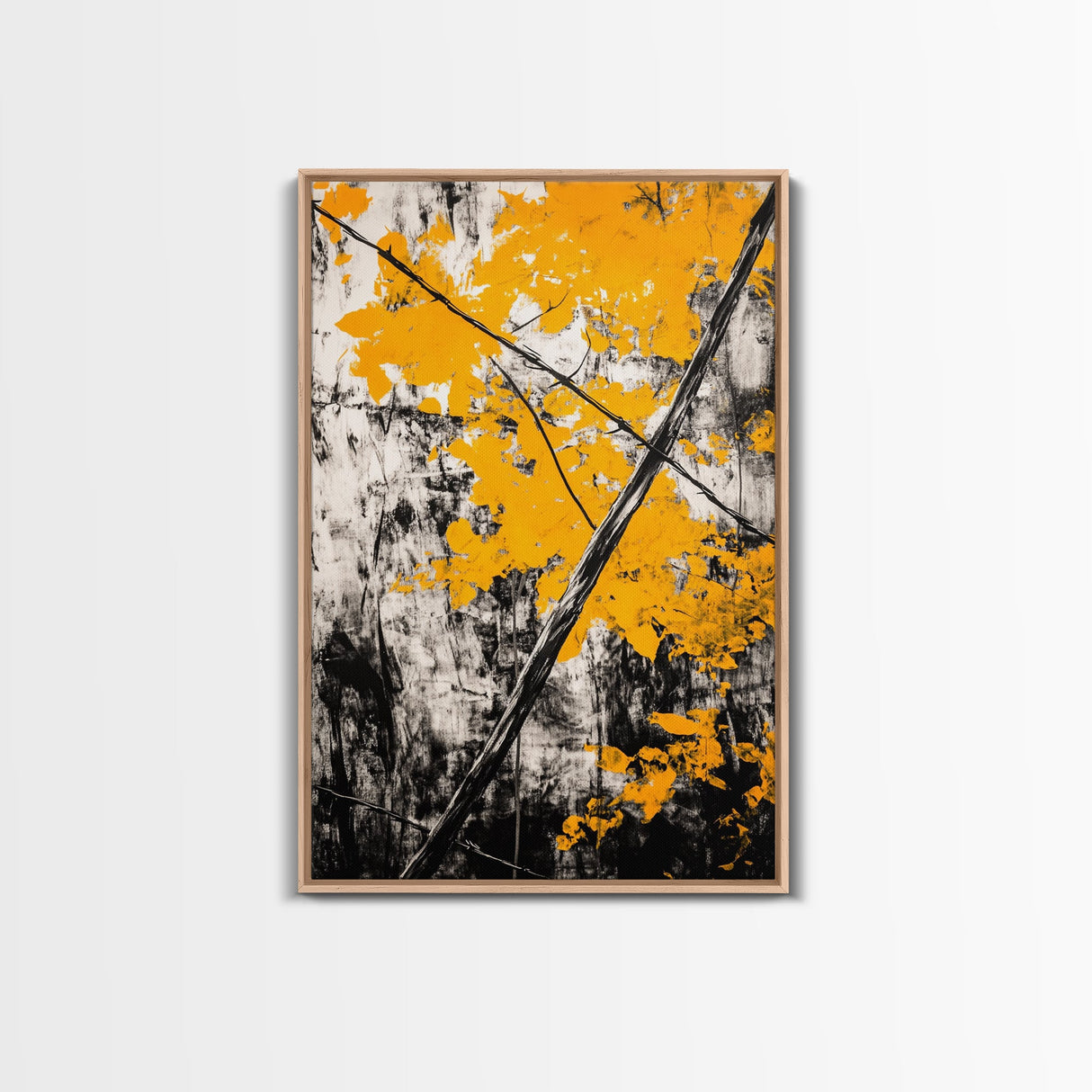Abstract Autumn Leaves, Black White Orange, Nature Wall Art, Rustic Decor, Minimalist Fall Artwork, Living Room Art, Framed Canvas Print