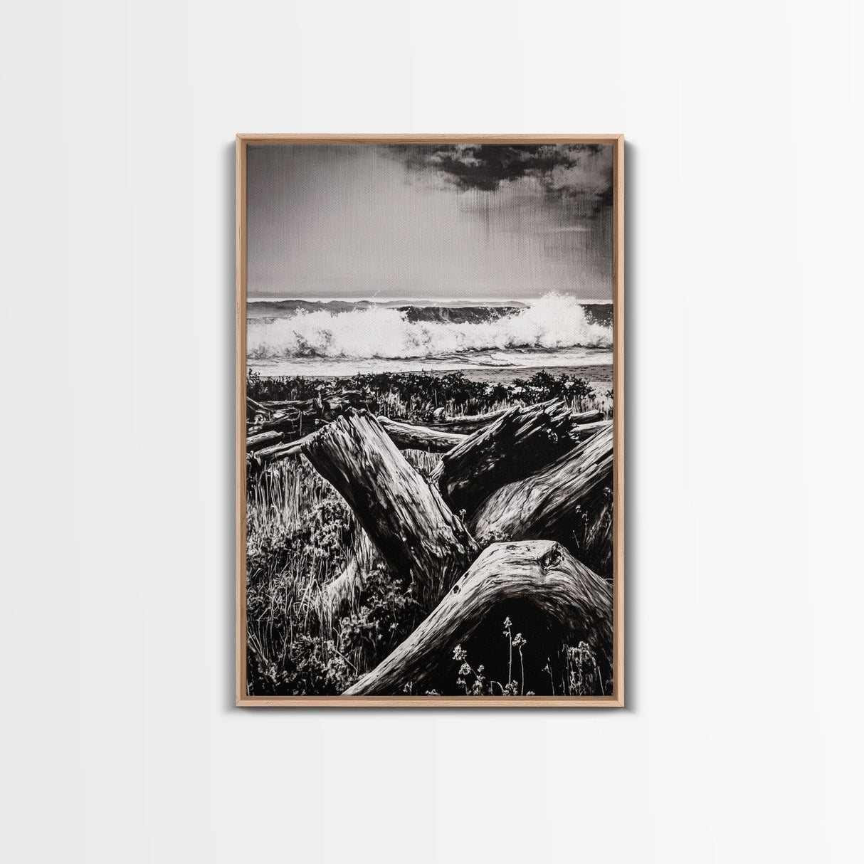 Ocean Waves, Stormy Sky, Framed Canvas Print, Coastal Wall Art, Black and White Seascape, Beach House Decor, Nautical Art, Modern Style