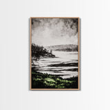 Misty Mountain View, Black and White Landscape, Minimalist Nature Wall Art, Bedroom Decor, Framed Canvas Print, Neutral Aesthetic
