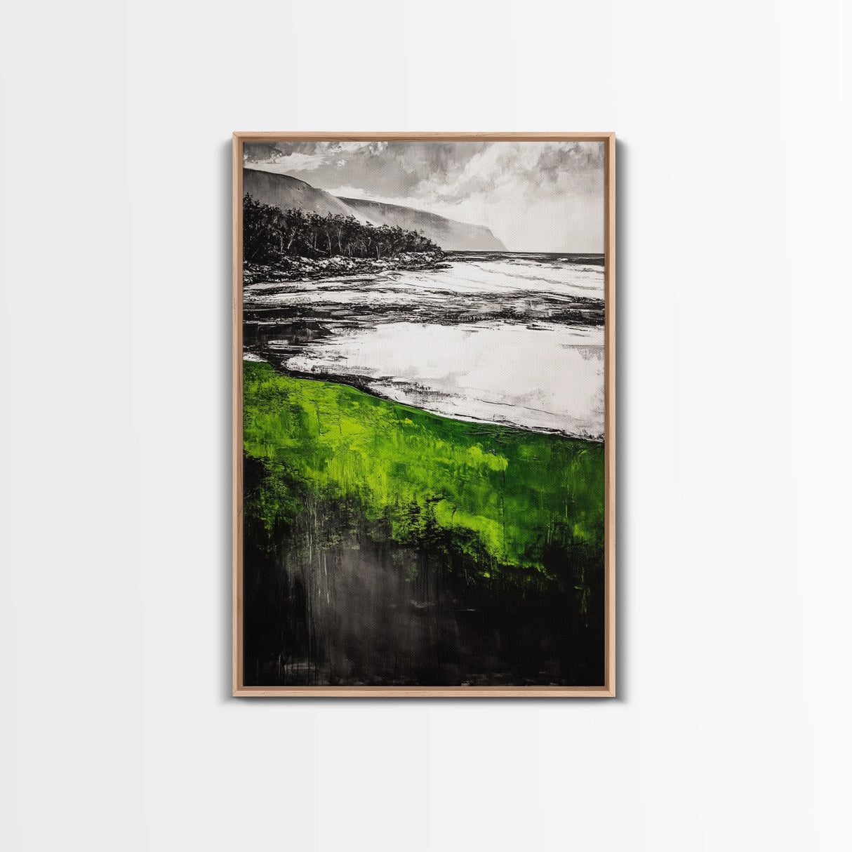 Green Coastal Hills, Ocean Shoreline Painting, Scenic Landscape Art, Office Wall Decor, Nature Inspired Print, Framed Canvas Print