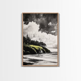 Coastal Cliffs, Black and White Landscape, Moody Sky Painting, Rustic Nature Wall Art, Office Decor, Framed Canvas Print