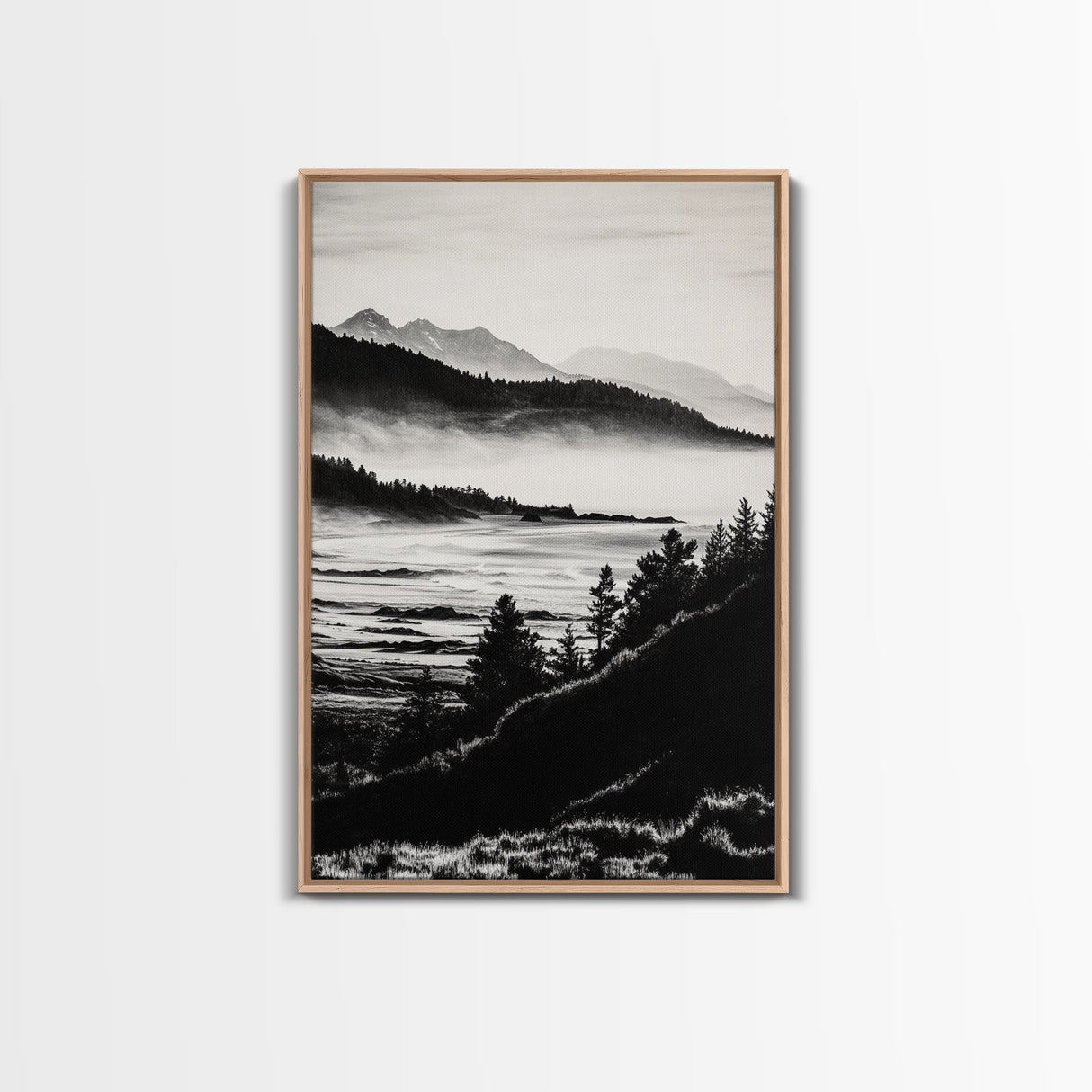 Misty Mountain, Black White Wall Art, Landscape Painting, Nature Artwork, Modern Home Decor, Minimalist Art, Framed Canvas Print
