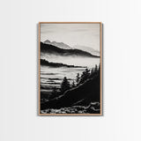 Misty Mountain, Black White Wall Art, Landscape Painting, Nature Artwork, Modern Home Decor, Minimalist Art, Framed Canvas Print
