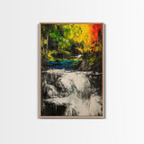 Waterfall Glow, Nature Art, Forest Landscape, Vibrant Painting, Modern Home Decor, Wilderness Retreat, Fall Wall Art, Framed Canvas Print