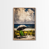 Seaside Relaxation Art, Green Beach Chair, Black White Umbrella, Ocean Scene, Serene Wall Decor, Nautical Home Artwork, Canvas Print