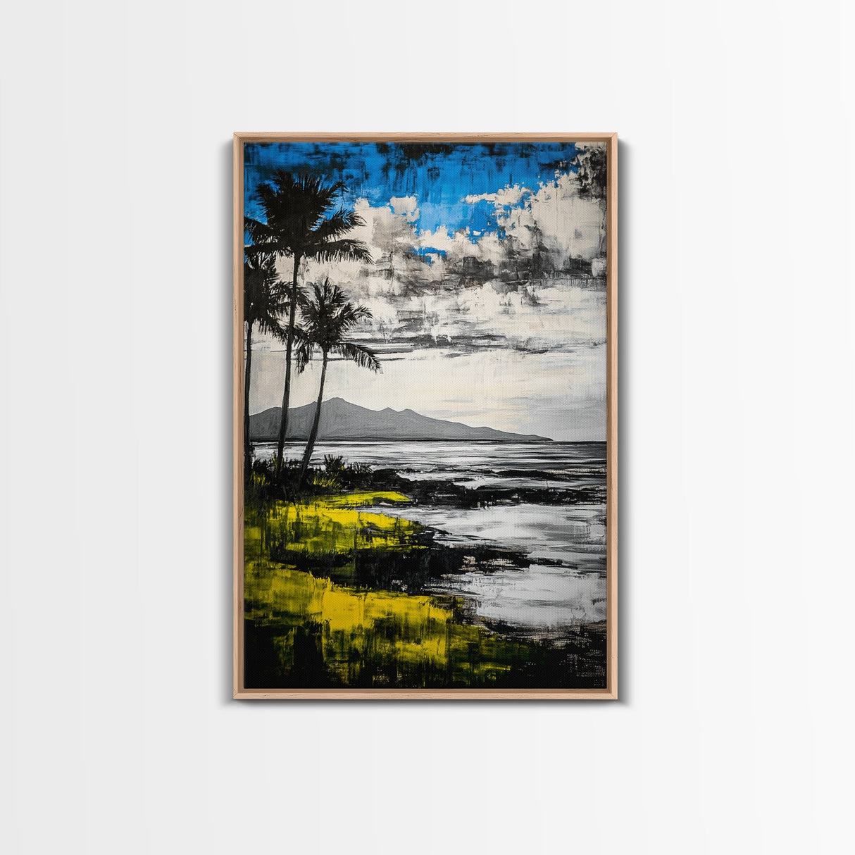 Tropical Beach Scene, Coastal Landscape Art, Black White Blue Yellow, Palm Tree Ocean Decor, Relaxing Home Gift, Framed Canvas Print