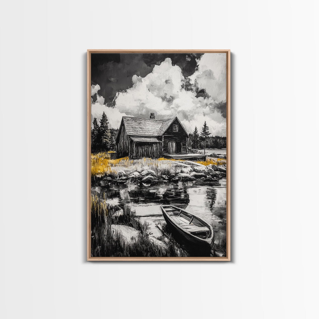 Cabin Reflection, Rustic Home Art, Log House Painting, Tranquil Lake, Country Home Wall Decor, Framed Canvas Print, Nature Lover Gift