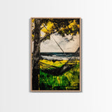 Hammock Breeze, Ocean View, Beach Retreat, Tropical Wall Art, Nature Decor, Black and White Painting, Framed Canvas Print, Coastal Vibes