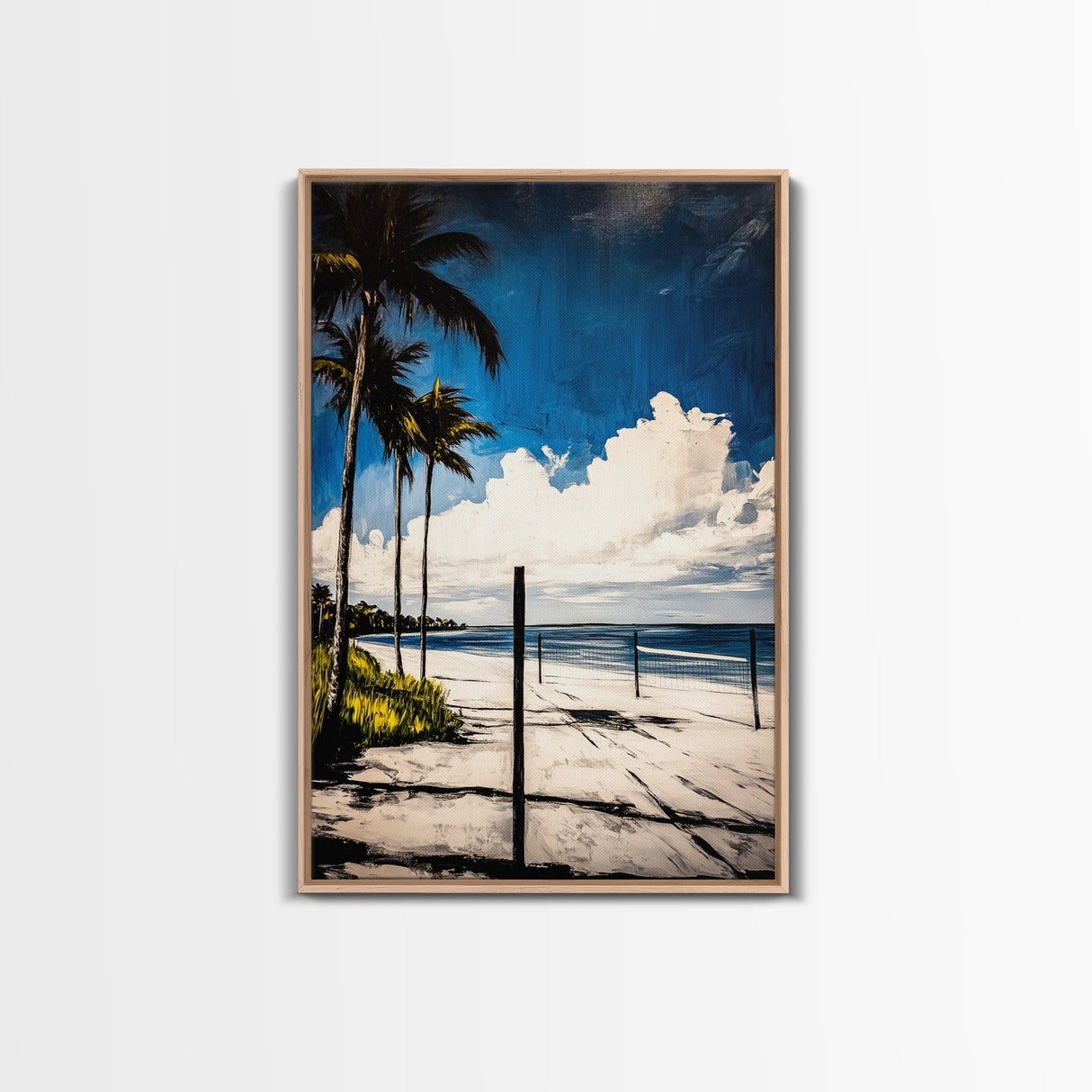 Palm Tree Beach Scene, Vibrant Blue Sky, Tropical Art, Coastal Landscape, Modern Ocean Wall Decor, Summer Home Artwork, Canvas Print