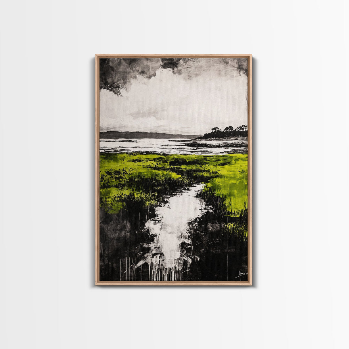 Marsh, Coastal Greenery, Landscape Wall Art, Framed Canvas Print, Nature Aesthetic, Living Room Decor, Serene Scenic View, Rustic Style