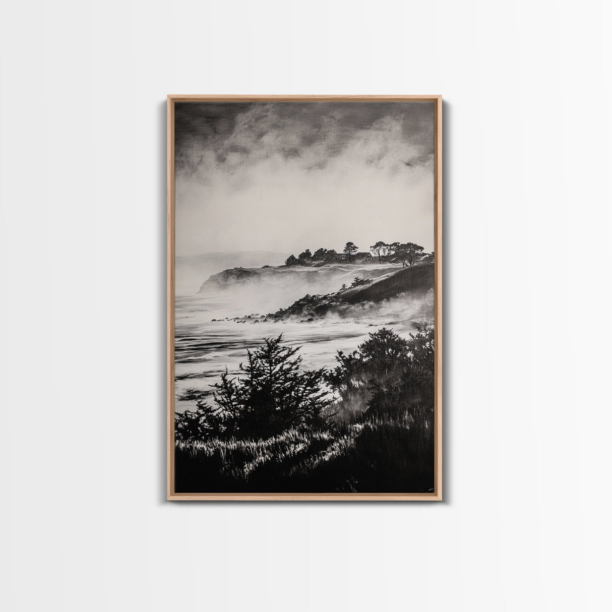 Misty Coast, Black White Art, Framed Canvas Print, Coastal Landscape, Foggy Ocean, Living Room Art, Nautical Decor, Monochrome Art