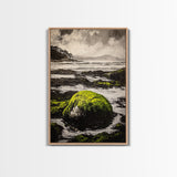 Coastal Rocks, Mossy Shore, Framed Canvas Print, Ocean Landscape, Beach House Wall Art, Nautical Decor, Green Nature, Relaxing Art
