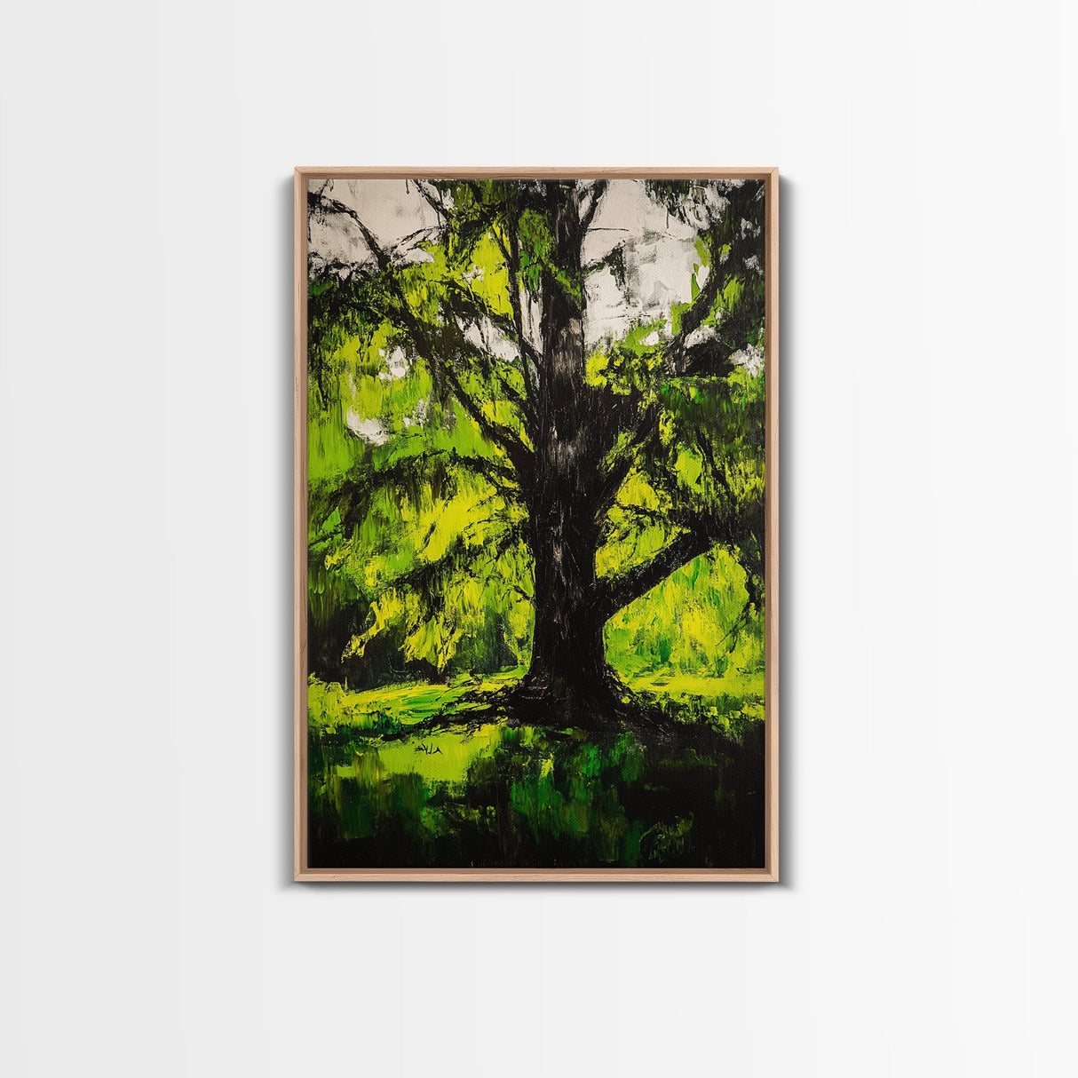 Majestic Tree, Forest Green, Nature Inspired, Framed Canvas Print, Botanical Wall Art, Office Wall Decor, Boho Landscape
