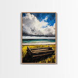 Ocean Bench, Coastal Landscape Art, Beach House Wall Decor, Relaxing Seaside Scene, Serene Water View, Framed Canvas Print