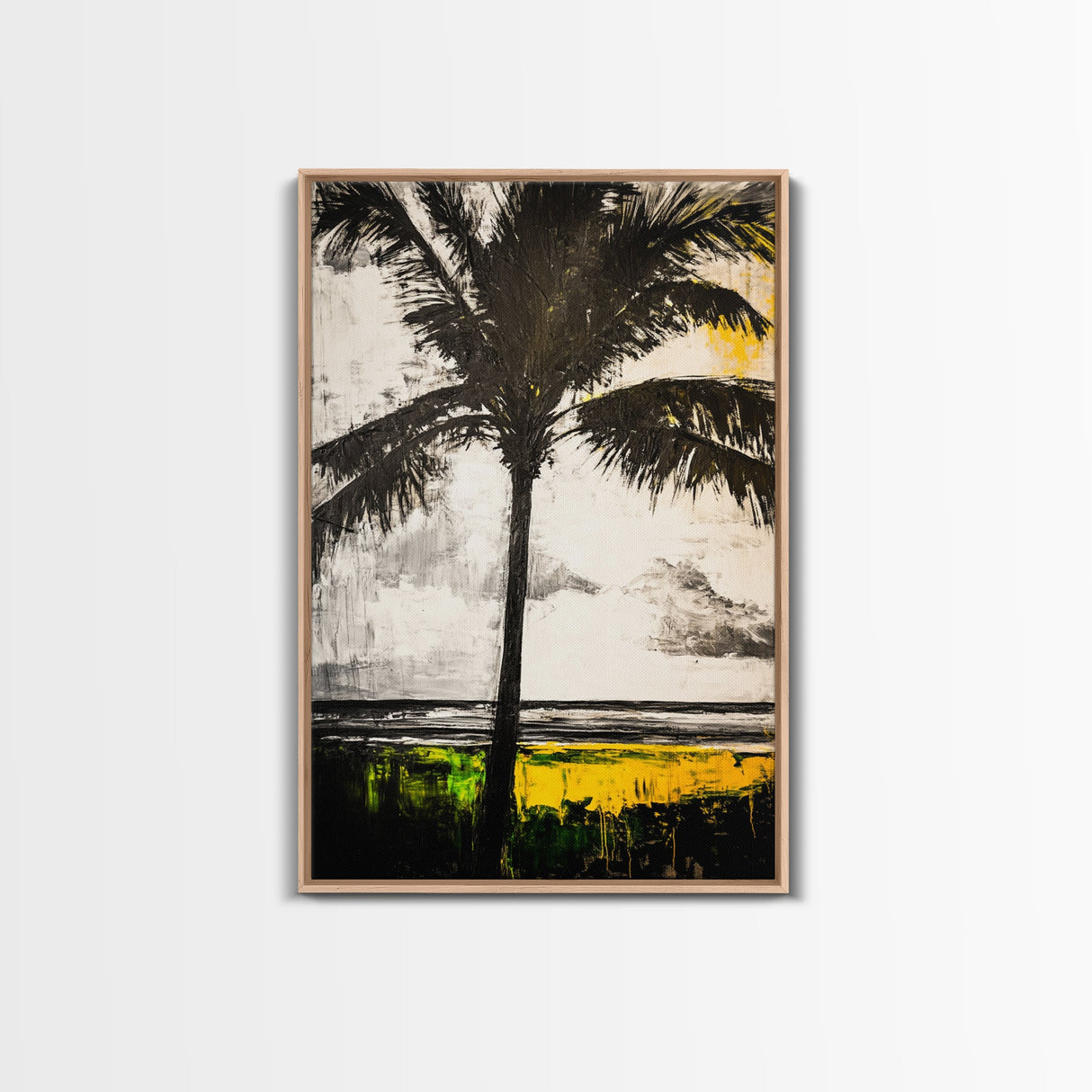 Palm Tree, Tropical Wall Art, Beach House Decor, Relaxing Coastal Print, Island Aesthetic, Monochrome Painting, Framed Canvas Print