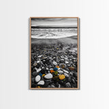 Ocean Pebbles Shoreline, coastal home decor, beach stone art, nautical wall print, calming wave painting, framed canvas print, bedroom art