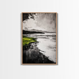 Moody Lake Scene, Black White Green, Framed Canvas Print, Nature Landscape Painting, Serene Wall Art, Contemporary Home Decor