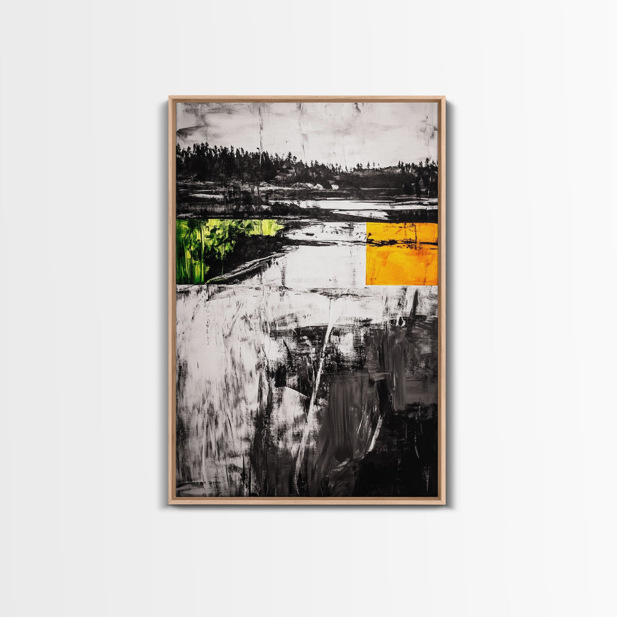 Minimalist Landscape, Abstract Nature, Modern Print, Contemporary Painting, Black and White, Green Accents, Framed Canvas Print, Bedroom Art
